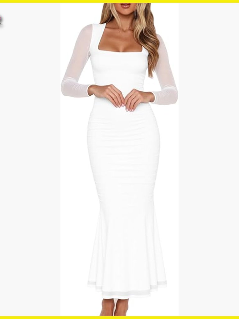 Ruched Bodycon Maxi Dress Long Sleeve Mesh Square Neck Cocktail Party